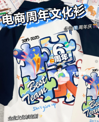 工作服定制-电商周年文化衫定制 | 地球火箭图案寓意全球拓展 纯棉T恤-跨境电商6周年纪念:扁平化简笔画地球火箭文化衫设计